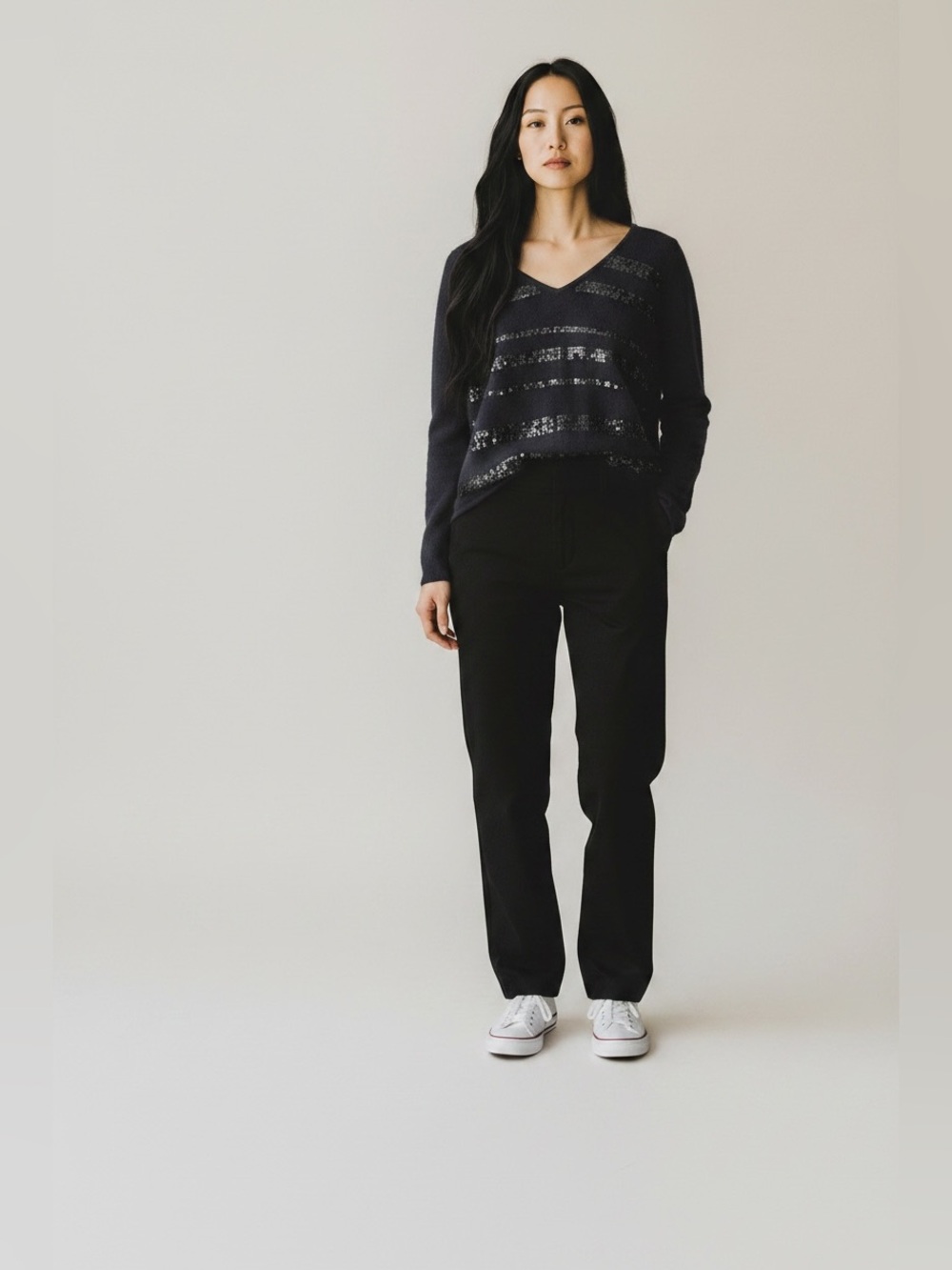 Pure Collection Black V‑Neck Sequin Stripe Sweater